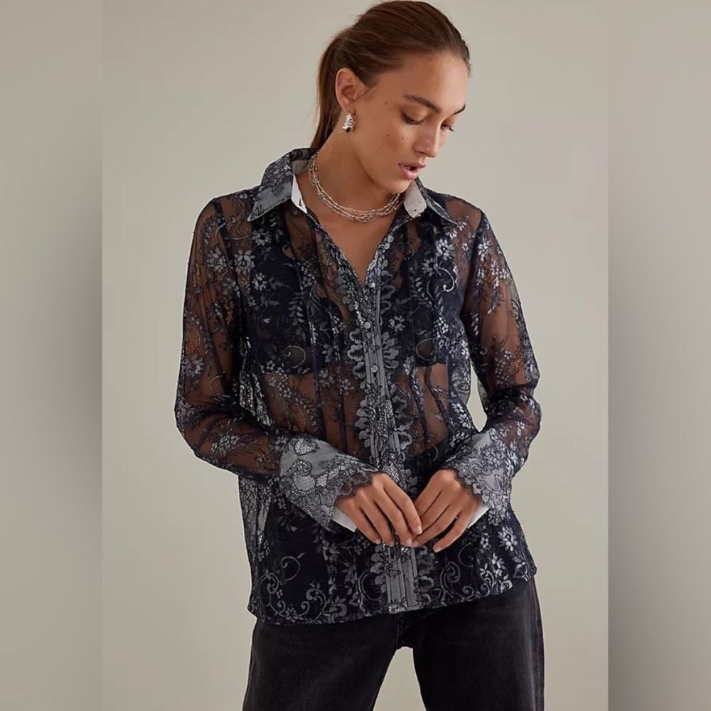 Anthropologie Maeve Lace Sheer Long Sleeve Button Down Blouse/Shirt Size XXS